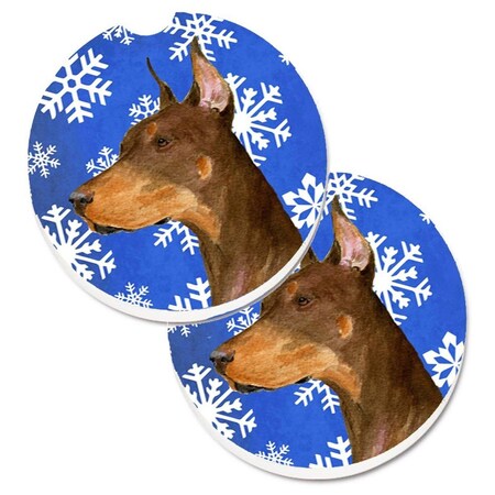Carolines Treasures Doberman Winter Snowflakes Holiday  Cup Holder Car Coaster, PK2 SS4606CARC